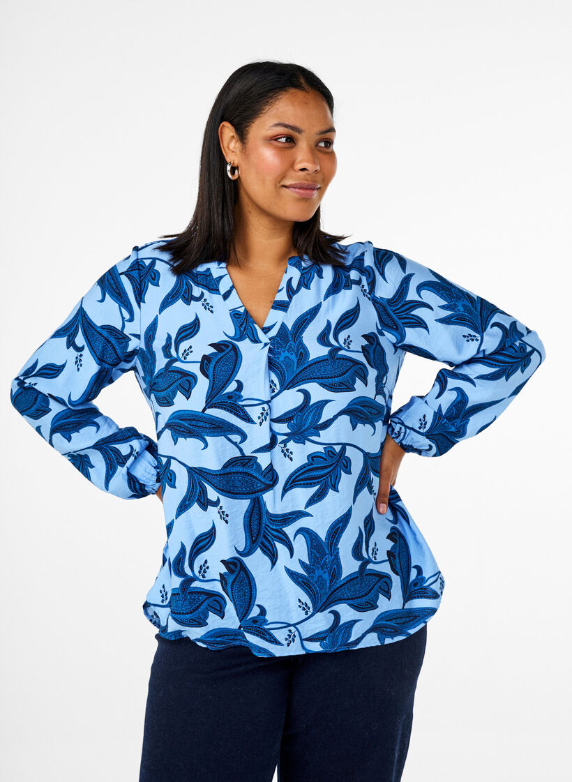 Long-sleeved paisley print blouse with a v-neck, Blue Paisley AOP, Model image number 0