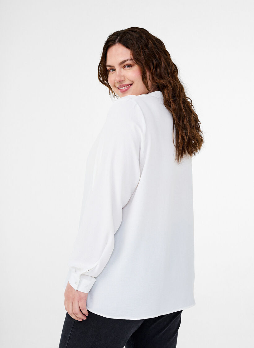 Long-sleeved shirt blouse with V-neck, Bright White, Model image number 1