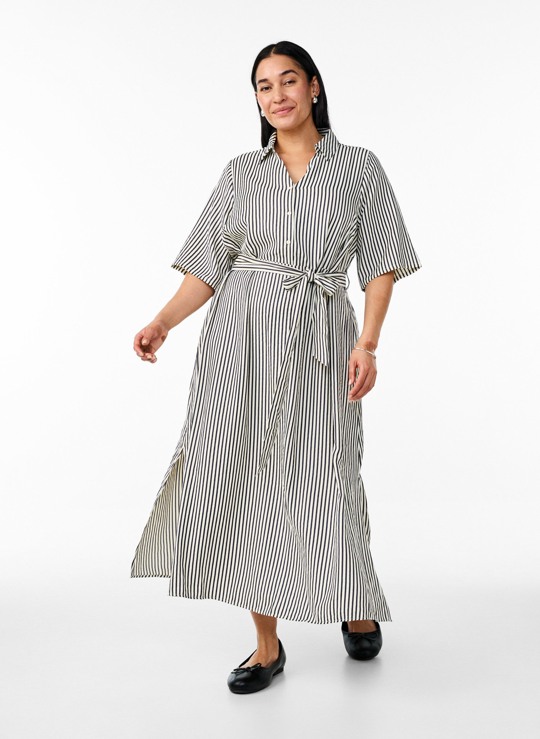 Ankle-length shirt dress with tie belt and stripes, Black, Model