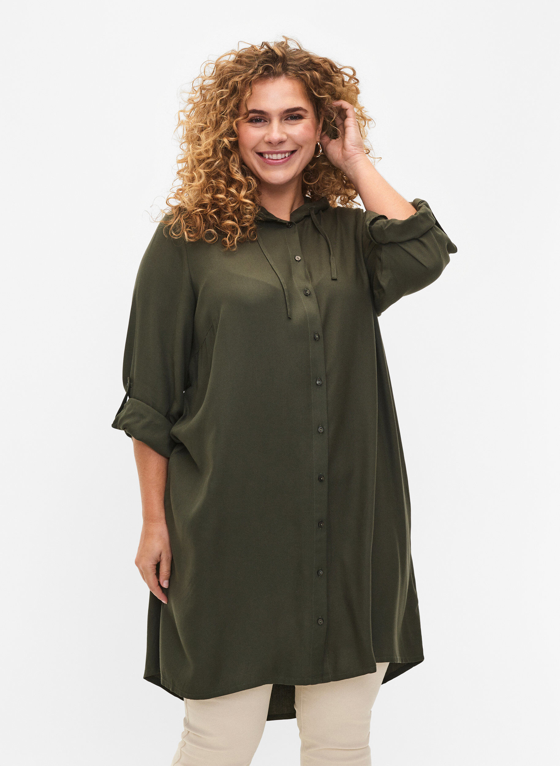 Zizzifashion Shirt dress in viscose with hood and 3/4 sleeves, Thyme, Model image number 0