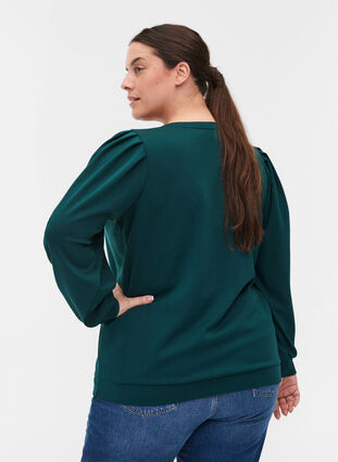 Sweat blouse with rounded neckline and balloon sleeves, Ponderosa Pine, Model image number 1