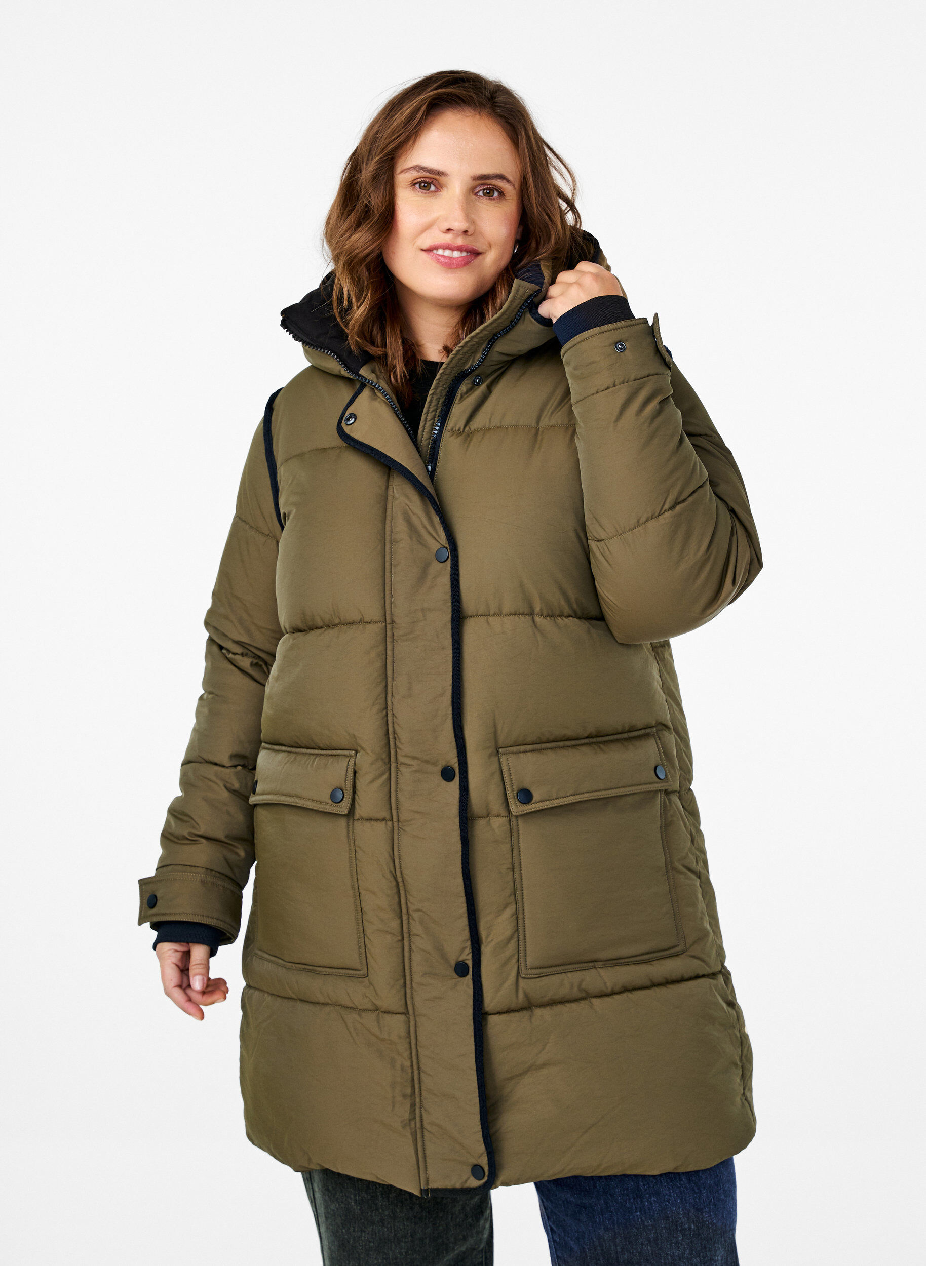 Puffer jacket with hood and contrast detailing, Green, Model