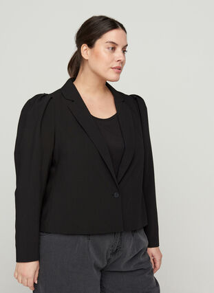 Cropped blazer with puff sleeves, Black, Model image number 0