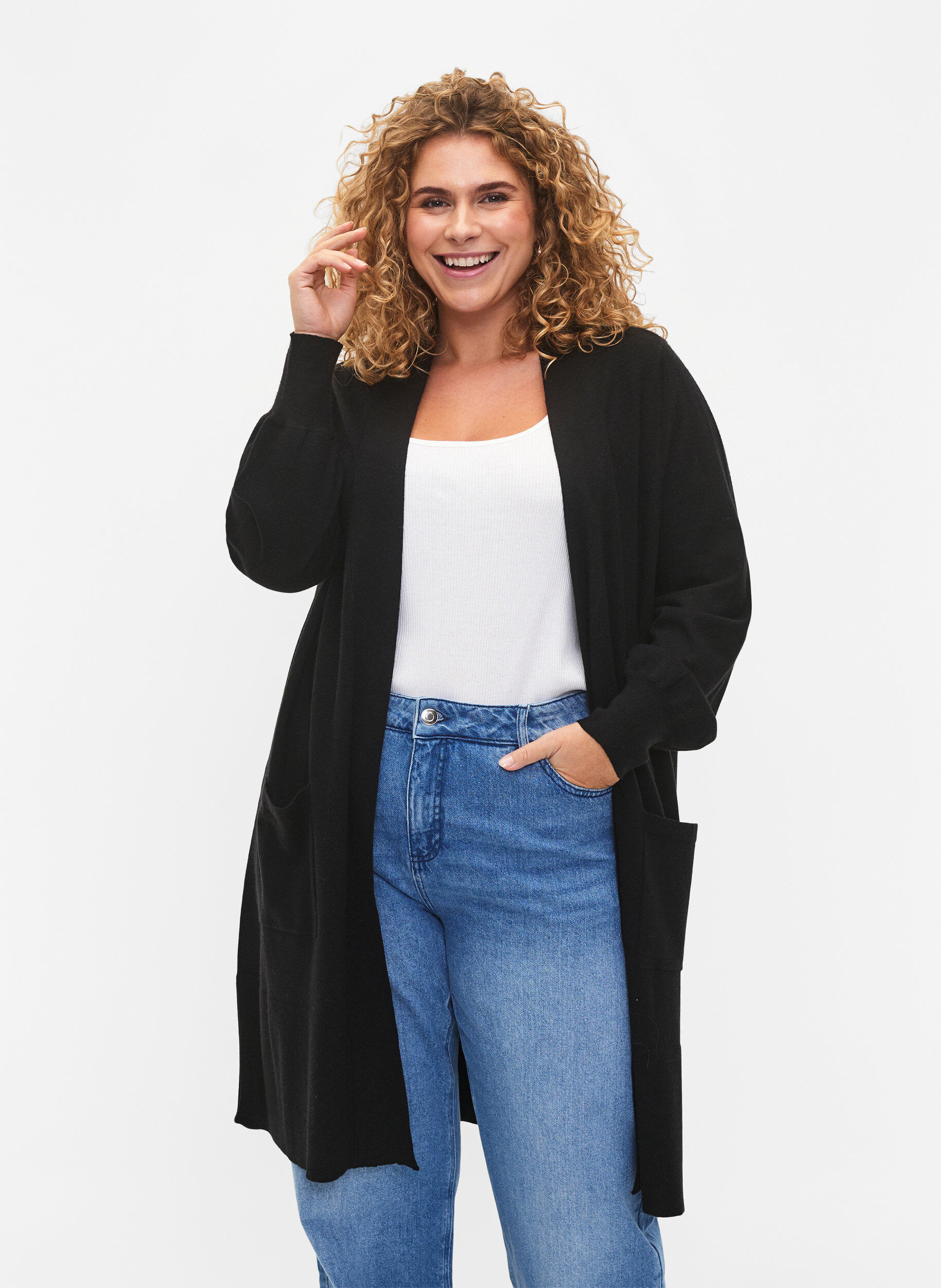 Zizzifashion Long knitted cardigan with pockets, Black, Model image number 0
