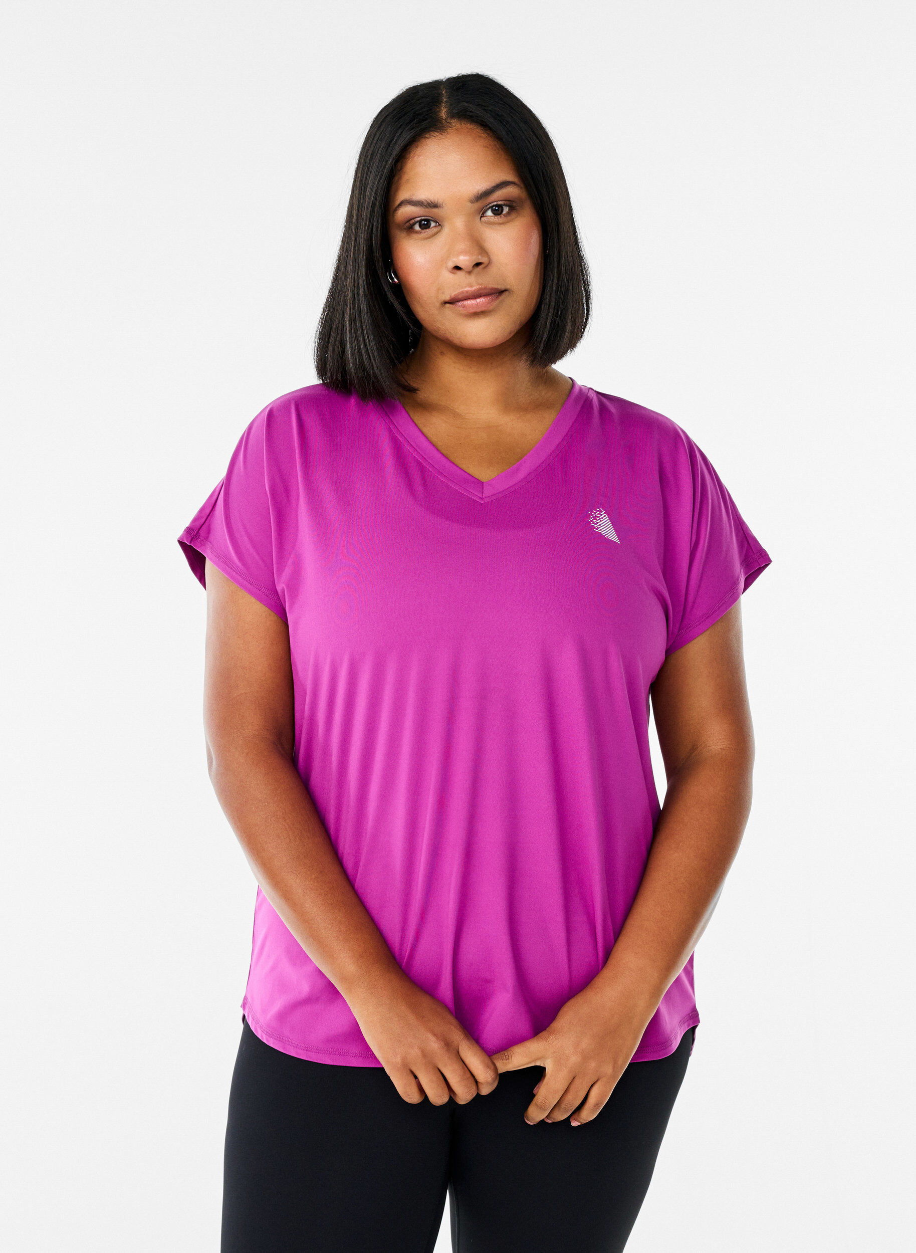 Short-sleeved workout t-shirt with v-neck, Purple, Model