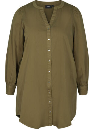 Long cotton shirt with puff sleeves, Ivy Green, Packshot image number 0