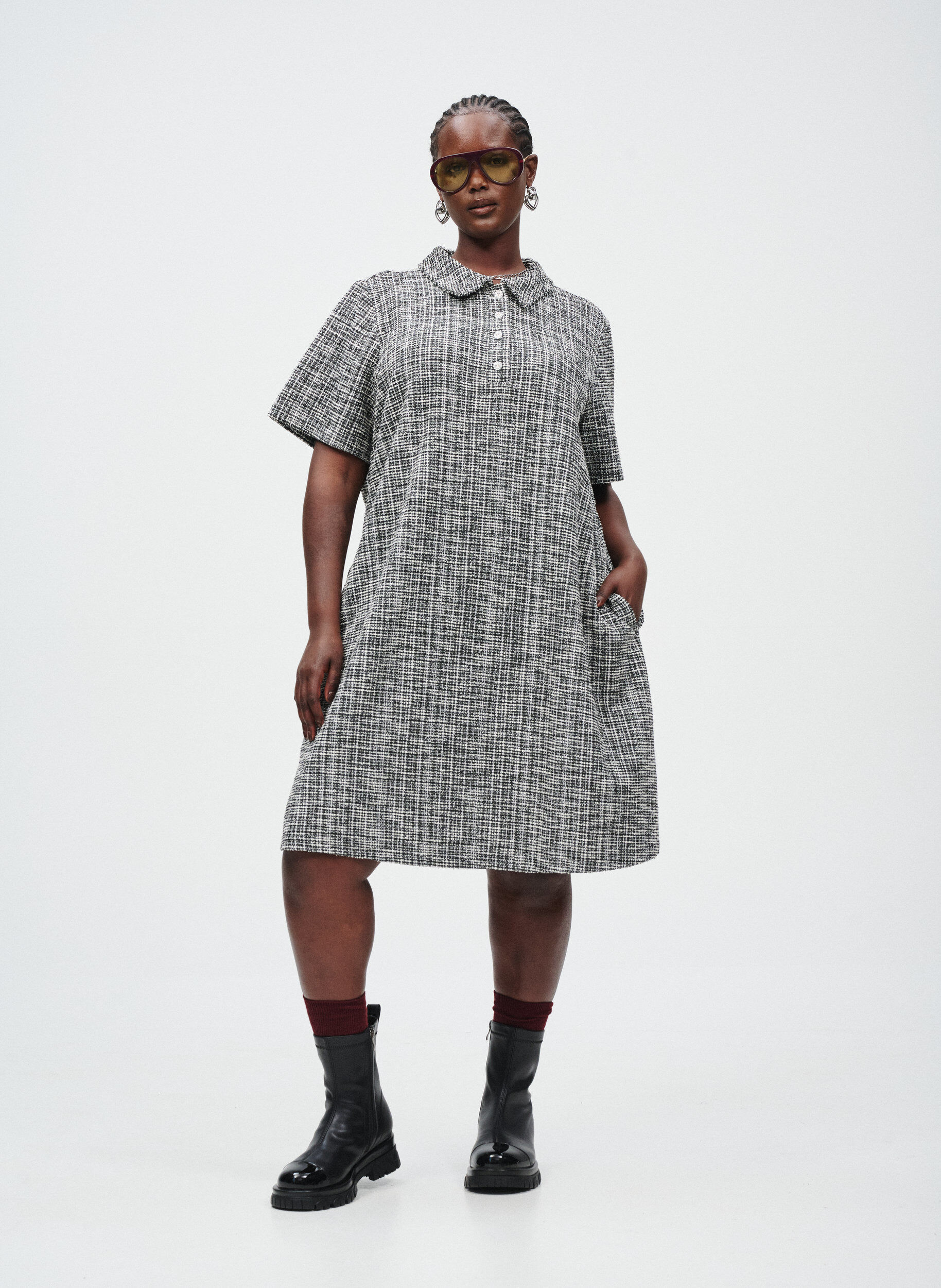 ZizzifashionShort dress in textured jersey with a graphic check, Vanilla, Image image number 0