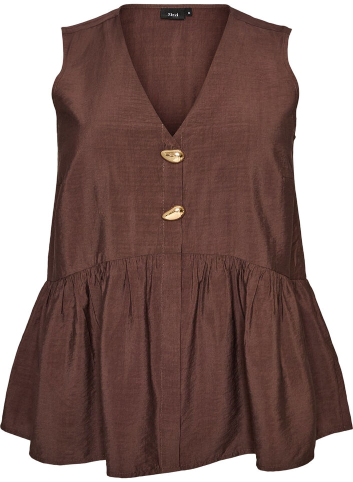 Sleeveless peplum blouse with decorative buttons, Brown, Packshot image number 0