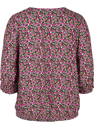 Printed viscose blouse with smock and 3/4 sleeves, Black AOP, Packshot image number 1