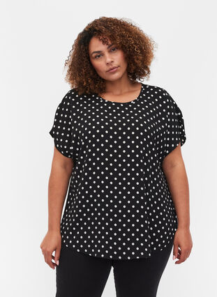 Blouse with short sleeves and a round neckline, Black w White Dot, Model image number 0