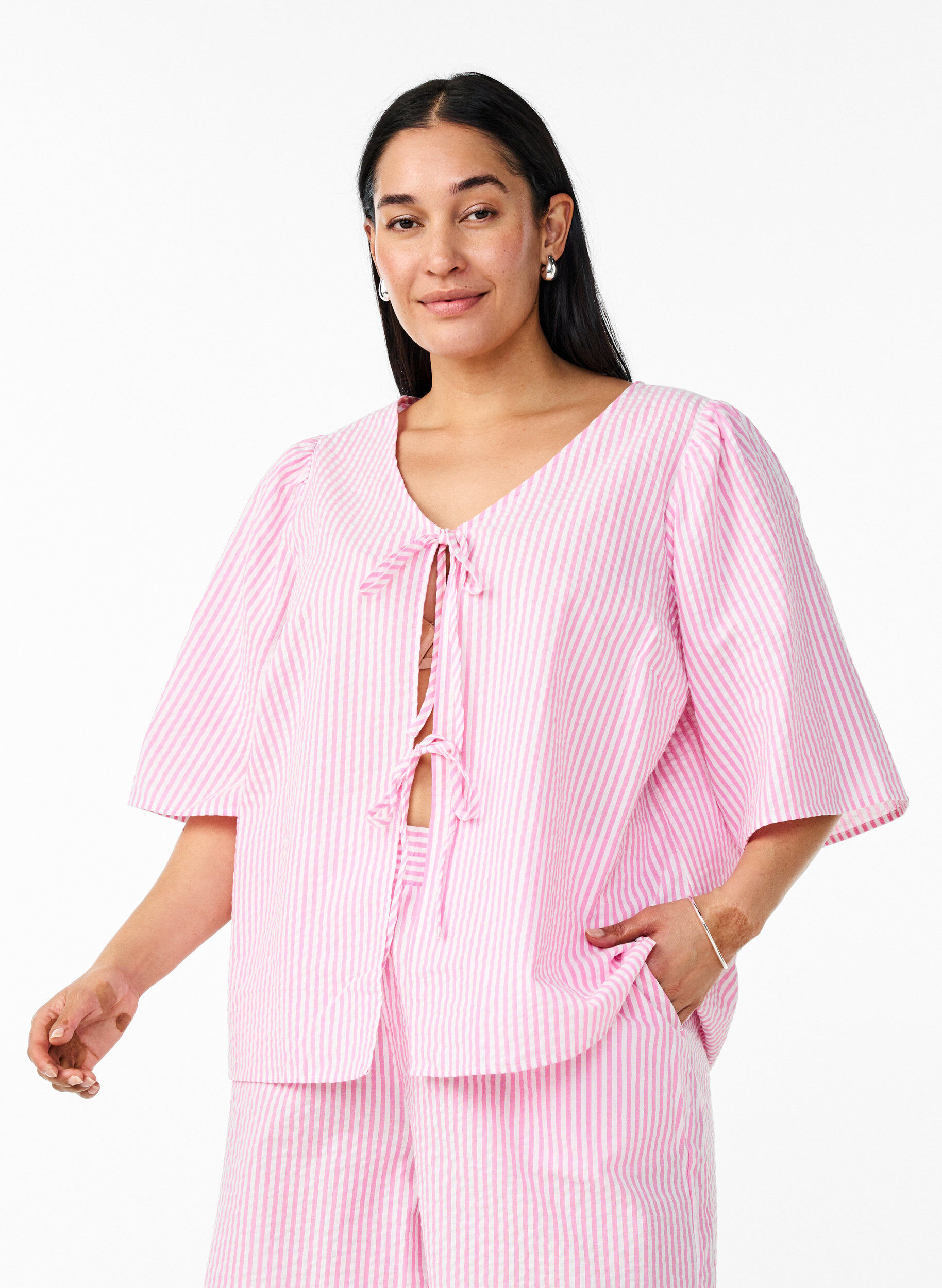 FLASH - Striped blouse with bows, Pink, Model