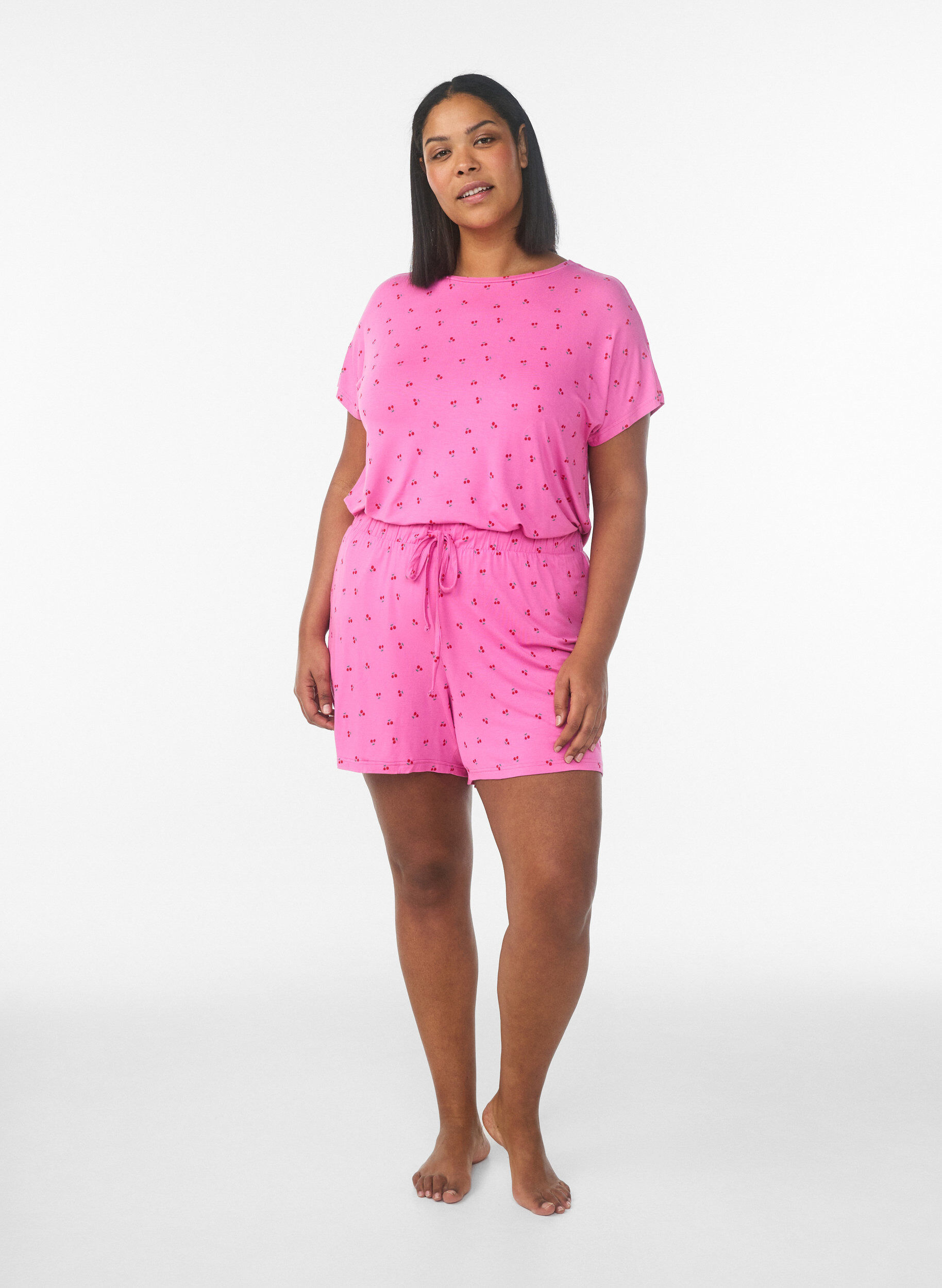 Zizzifashion Pyjama T-shirt in viscose with all-over print, Pink, Model image number 1