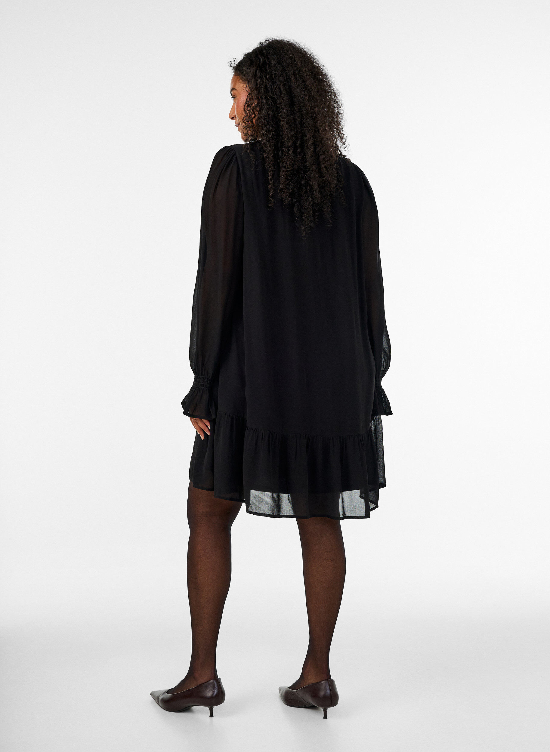 ZizzifashionViscose dress with ruffles and sheer sleeves, Black, Model image number 2