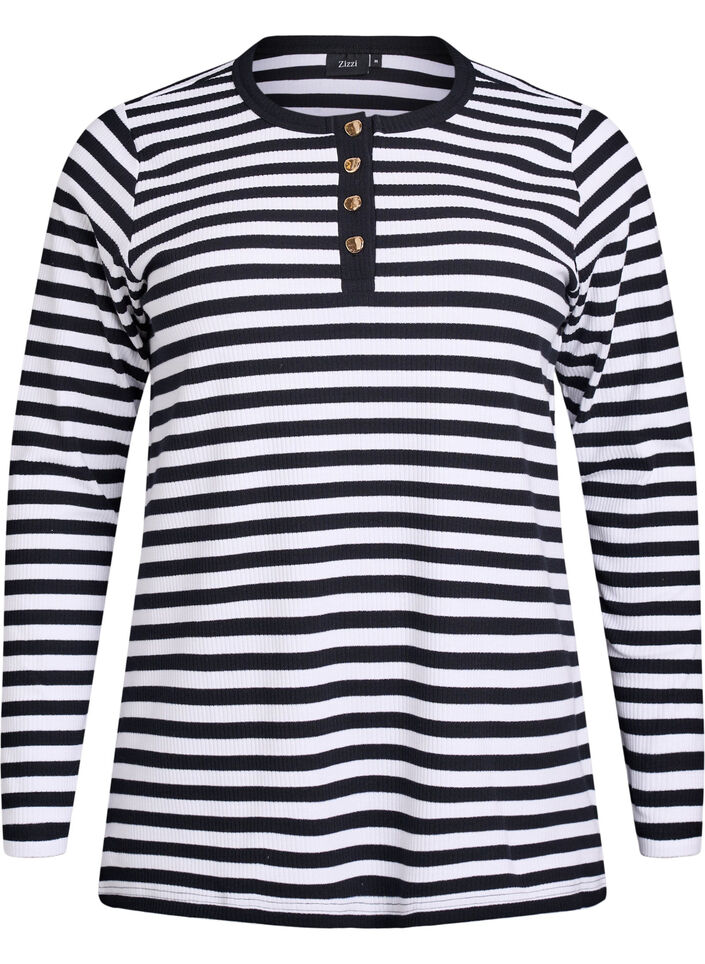 Striped jersey blouse with a ribbed texture, Black, Packshot image number 0