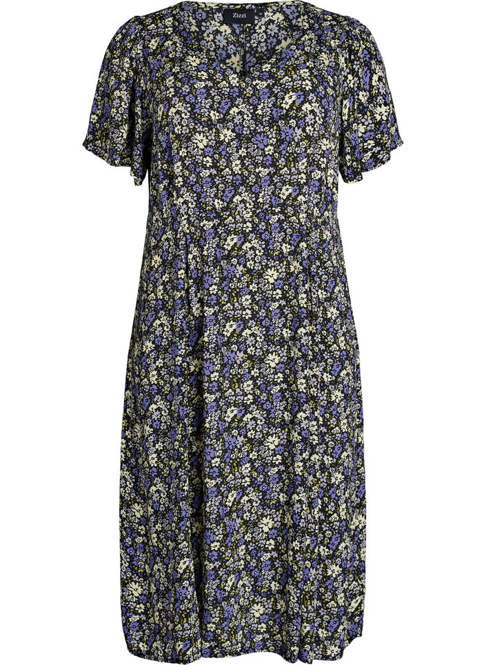 Viscose midi dress with a floral print, Black, Packshot image number 0