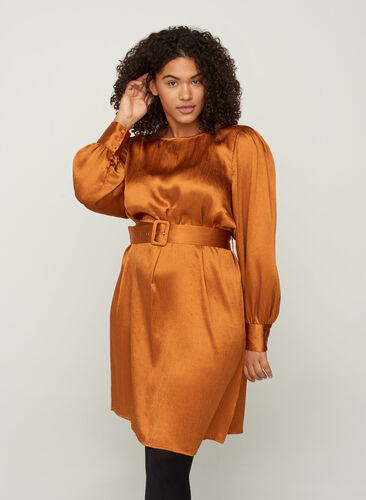 Shiny dress with a belt and puff sleeves, Buckthorn Brown, Model image number 0