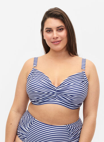 Printed bikini bra with underwire, Blue Striped, Model image number 0