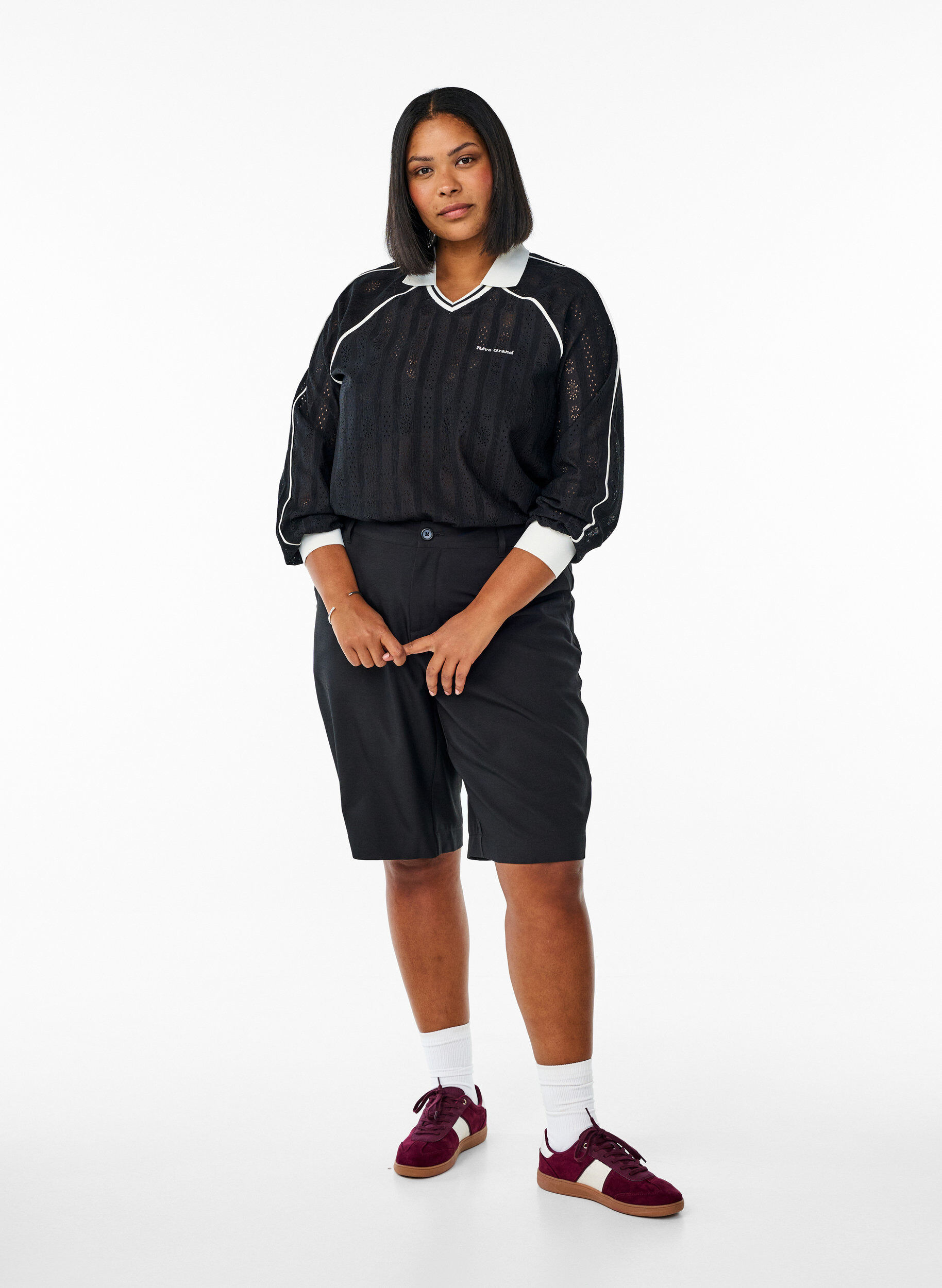 Zizzifashion Textured jersey blouse with contrast details, Black, Model image number 1