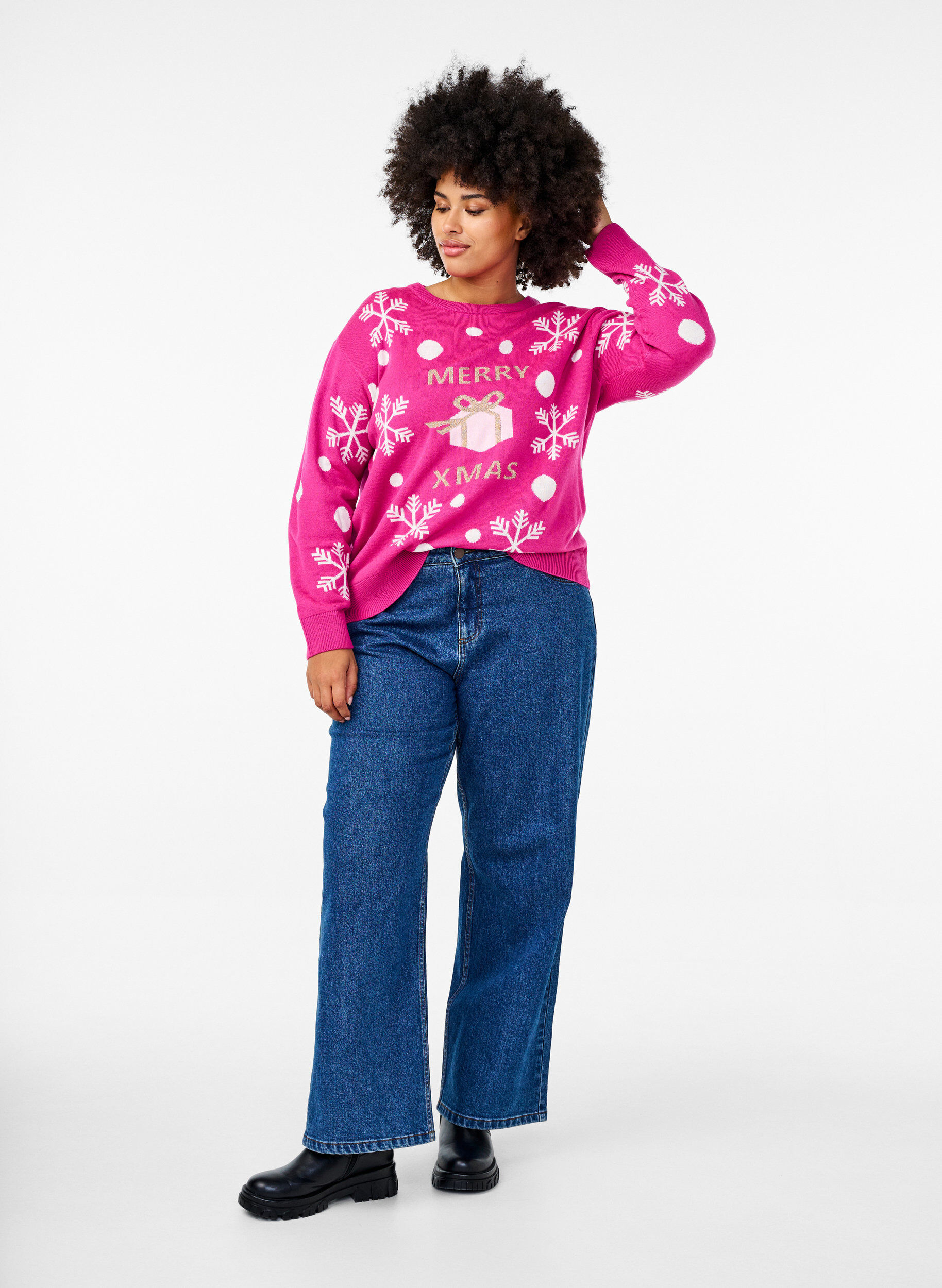 Zizzifashion Christmas jumper with a round neck, Pink Glow Comb, Model image number 2