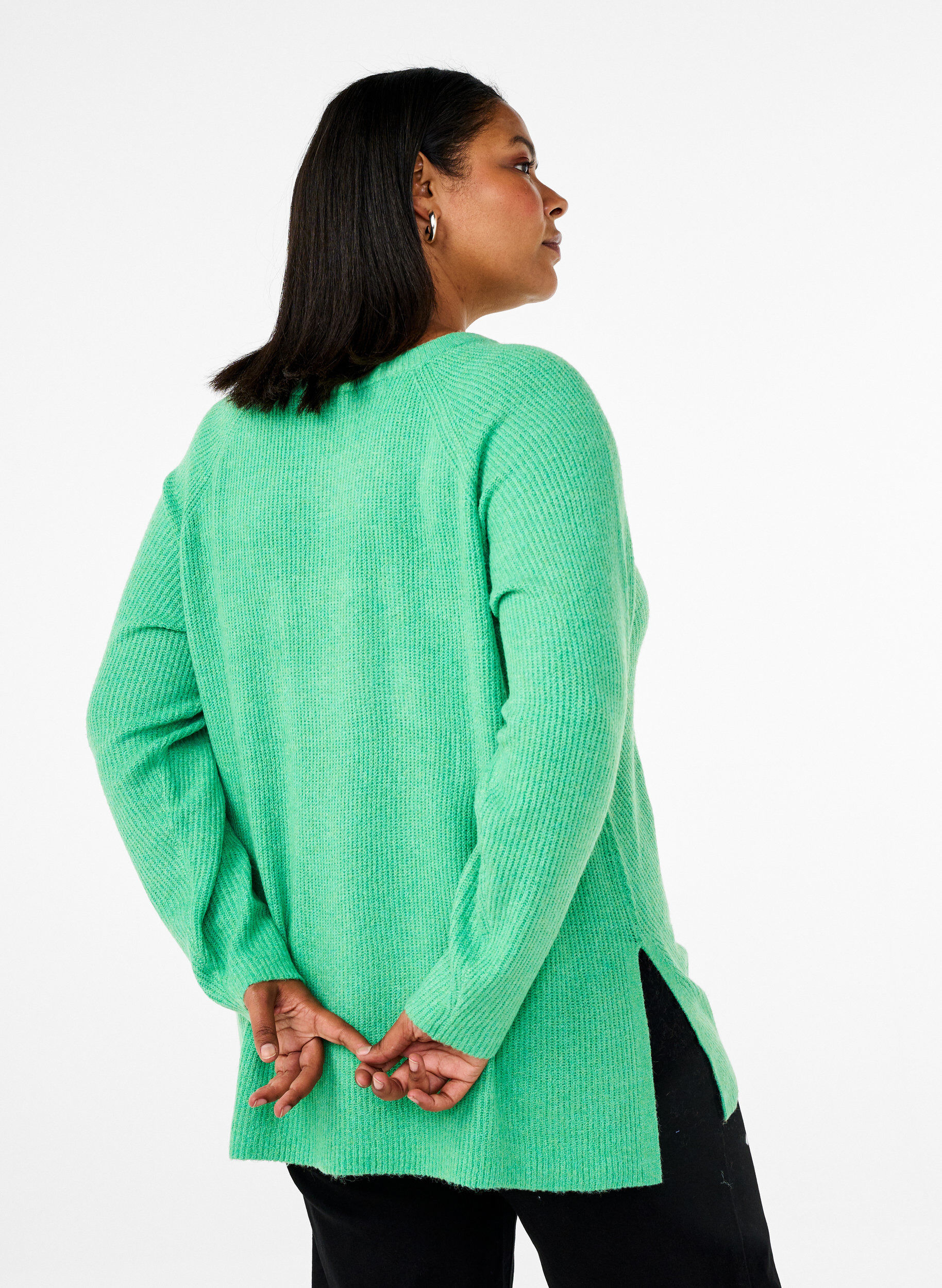 Zizzifashion Knitted blouse with round neck, Light G. Green Mel., Model image number 1