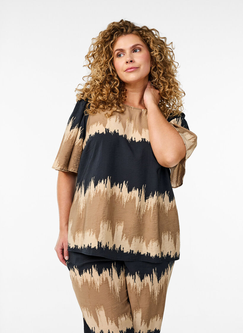 Blouse with wide sleeves and graphic print, Black, Model image number 0