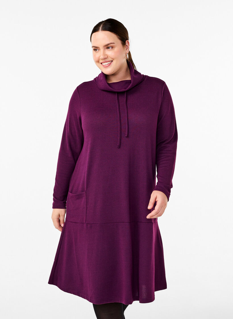 Jersey dress with high neck and pockets, Purple, Model image number 0