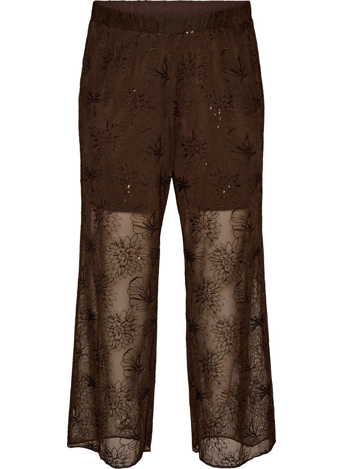 Mesh trousers with floral embroidery and sequins, Brown, Packshot image number 0