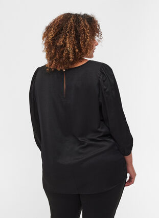 A-line, v-neck blouse with 3/4 balloon sleeves, Black, Model image number 1