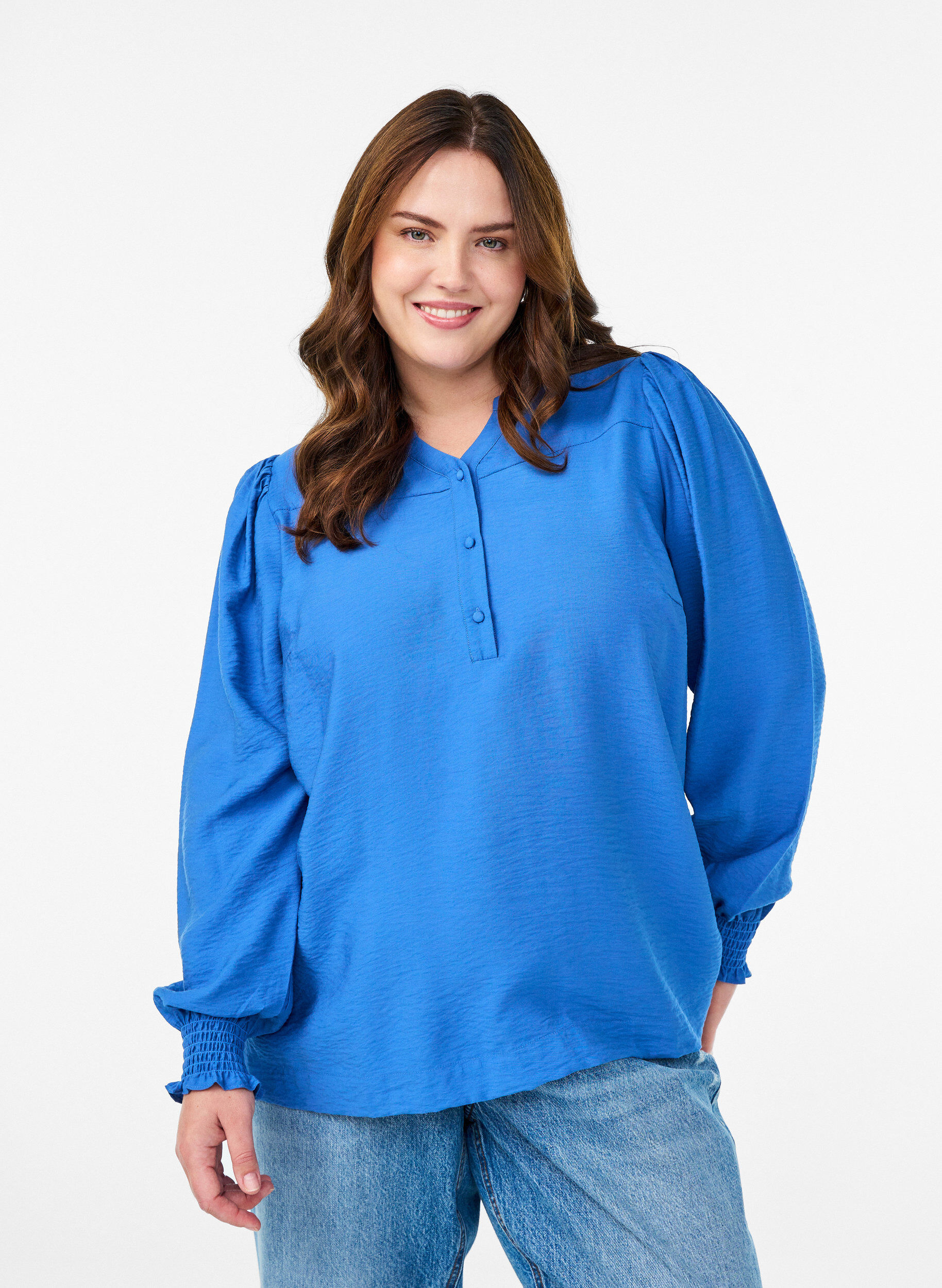 Viscose blouse with smock and gathered details, Blue, Model