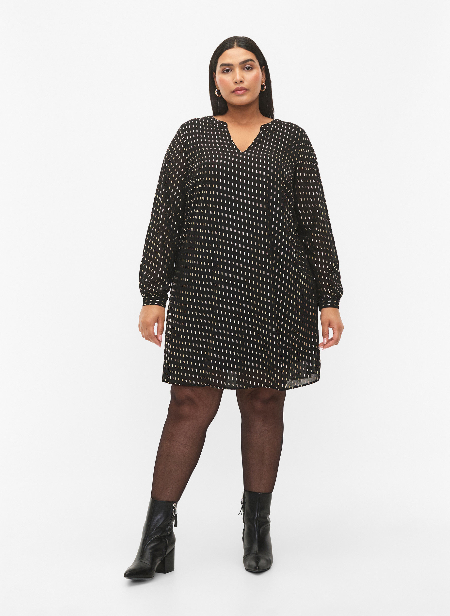 Zizzifashion Long-sleeved dress with foil print, Black w. Gold, Model image number 2