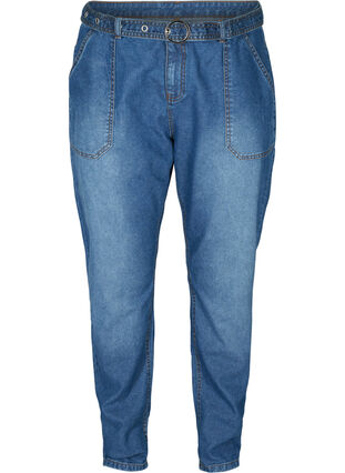 High-waisted jeans with belt, Blue denim, Packshot image number 0
