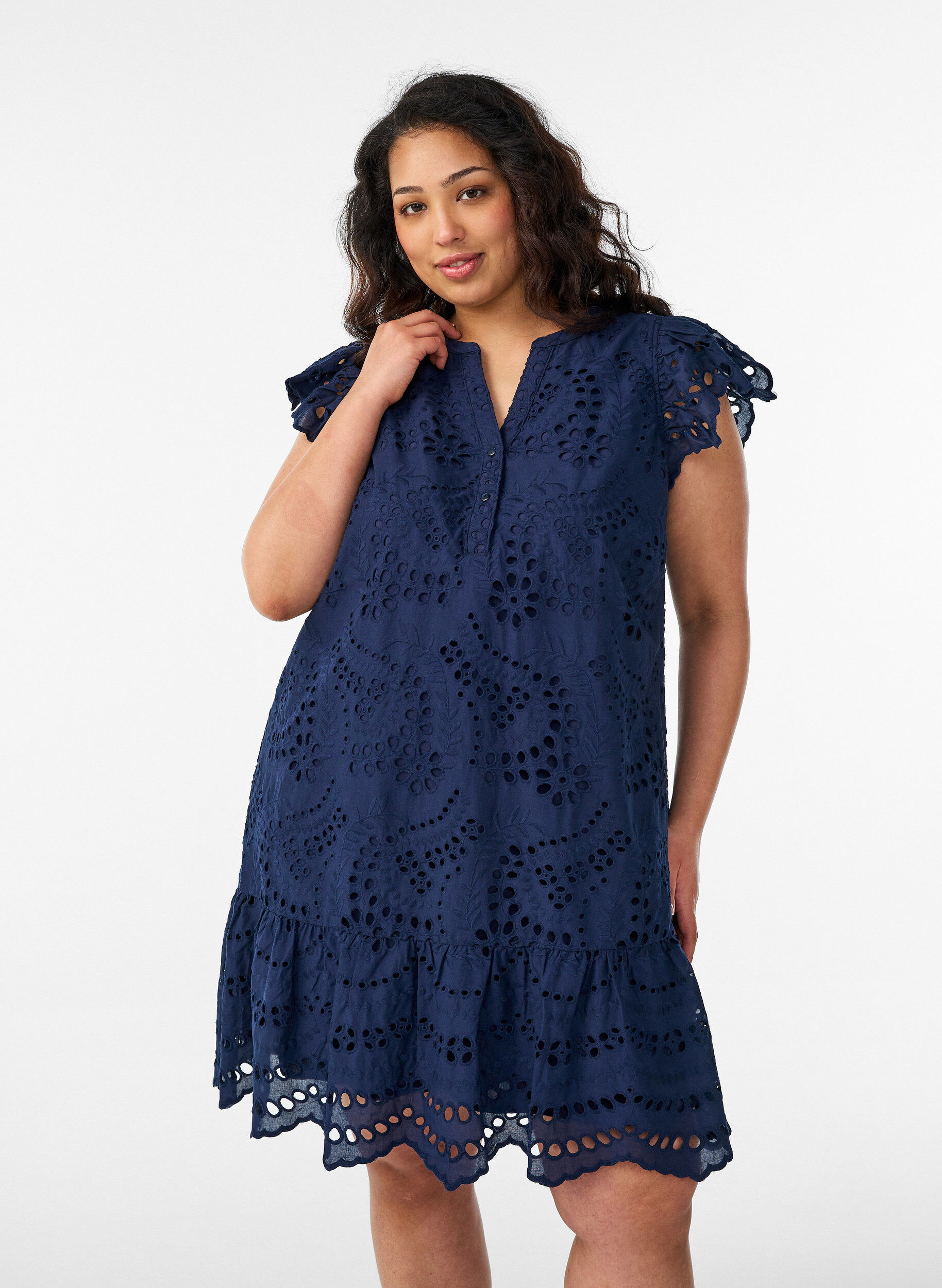 Broderie anglaise dress with ruffle sleeves, Blue, Model