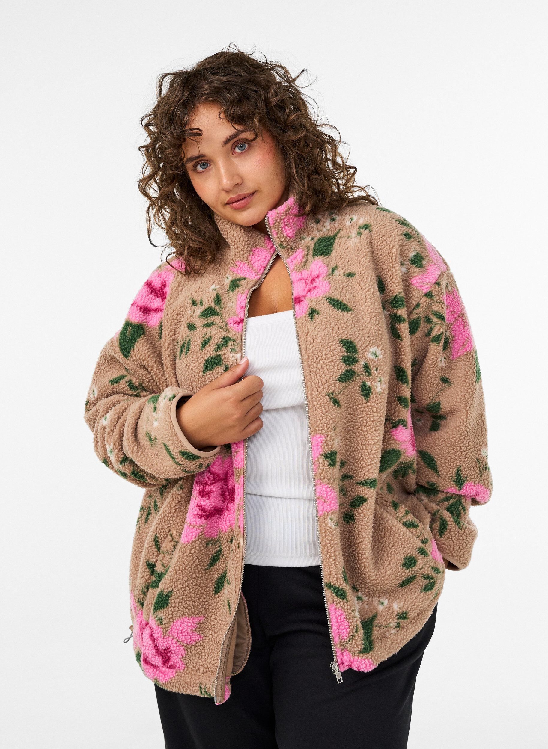 ZizzifashionFloral fleece jacket with a high neck and zip, Beige, Model image number 0