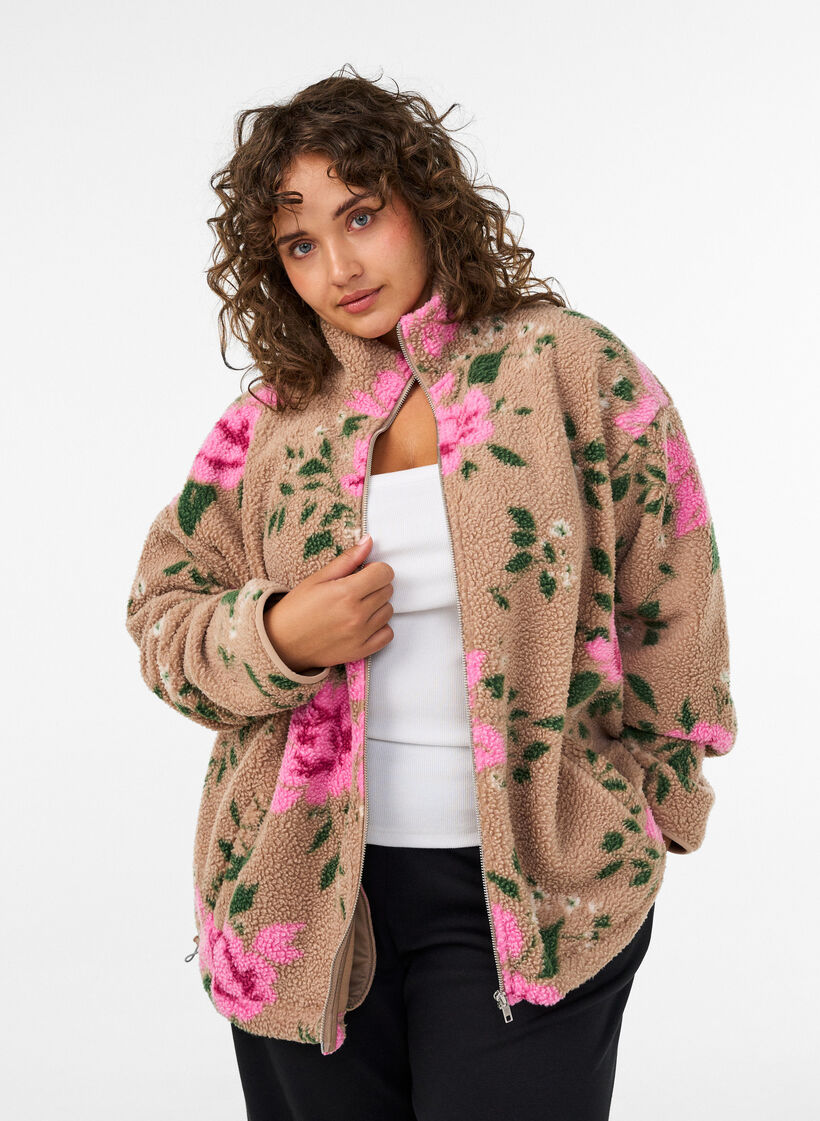 Floral fleece jacket with a high neck and zip, Beige, Model image number 0