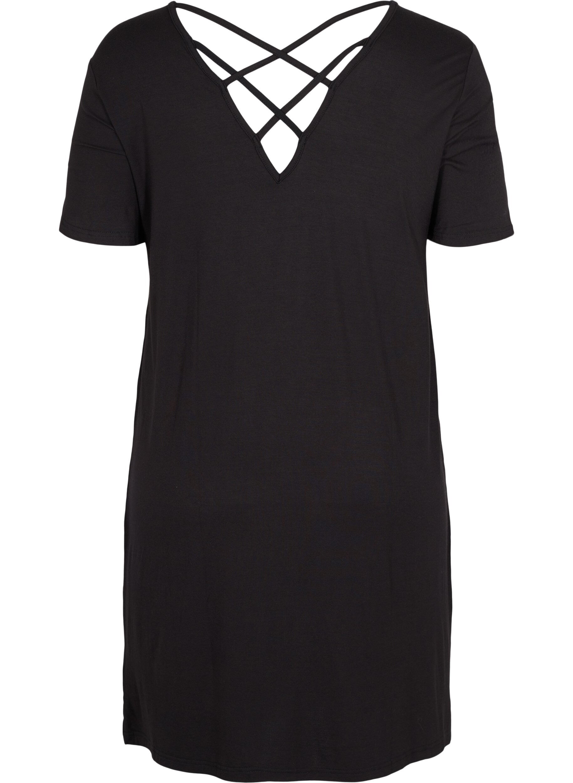 Zizzifashion Short sleeve viscose nightgown with back detail, Black, Packshot image number 1