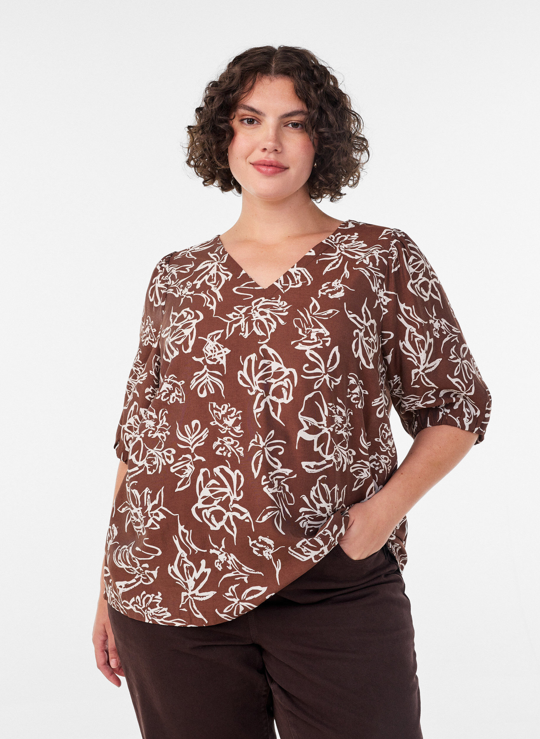 ZizzifashionViscose blouse with V-neck, Brown, Model image number 0