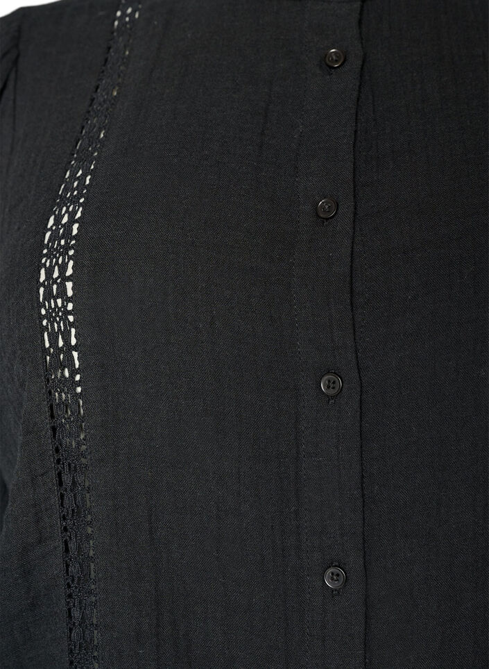 Short-sleeved cotton muslin blouse with crochet trim, Black, Packshot image number 2