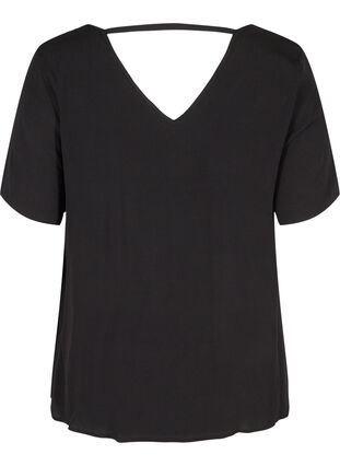 Short-sleeved viscose blouse with V-neckline, Black, Packshot image number 1