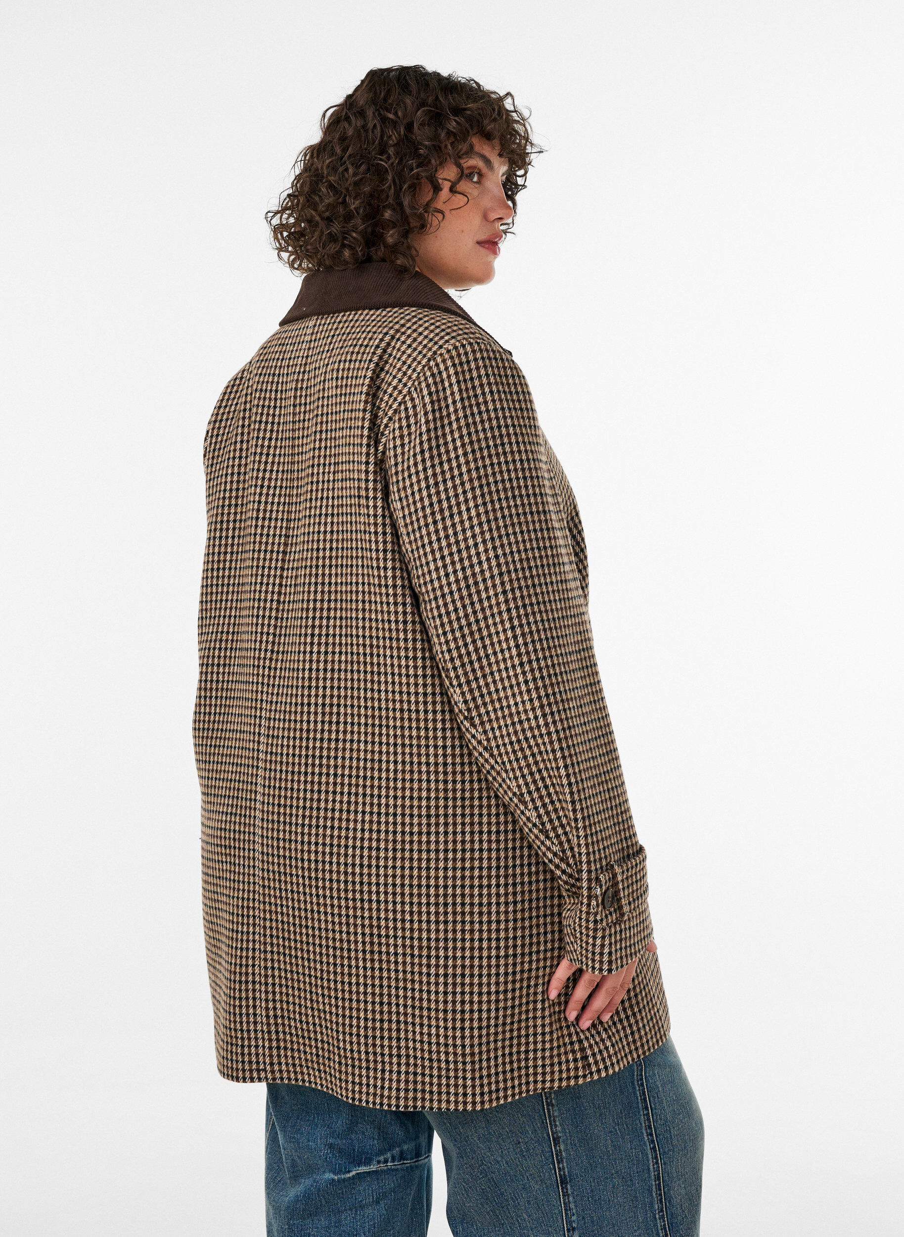 ZizzifashionChecked coat with corduroy collar, Brown, Model image number 2