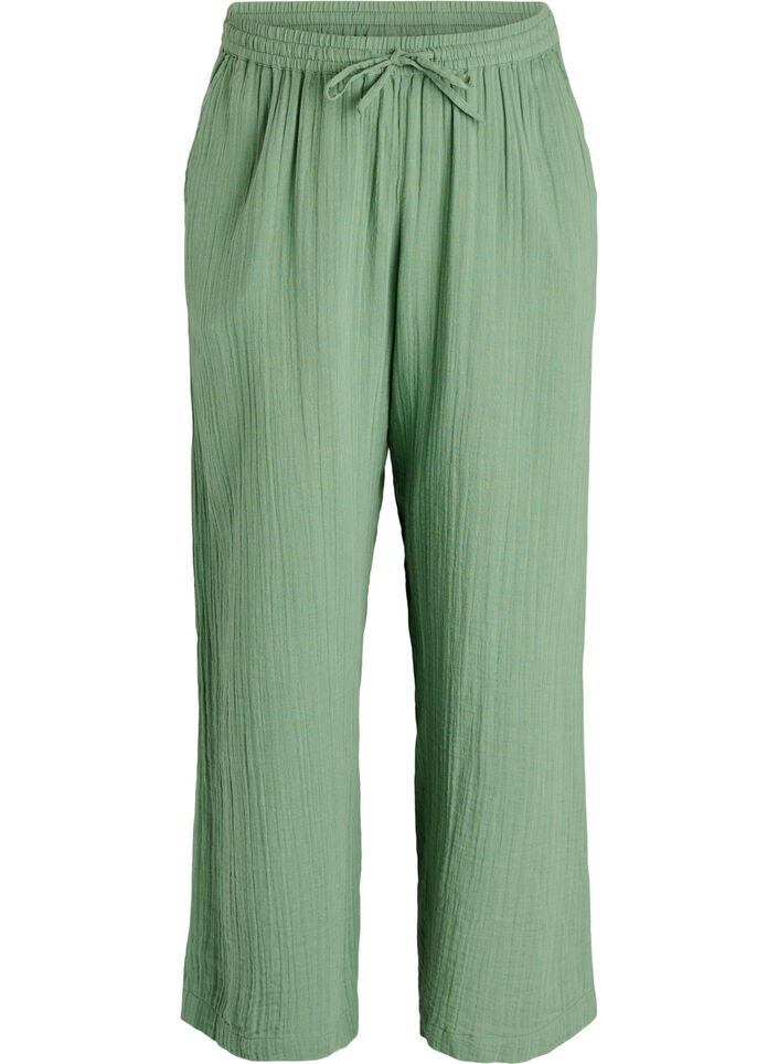 High-waisted cotton muslin trousers with loose legs, Green, Packshot image number 0