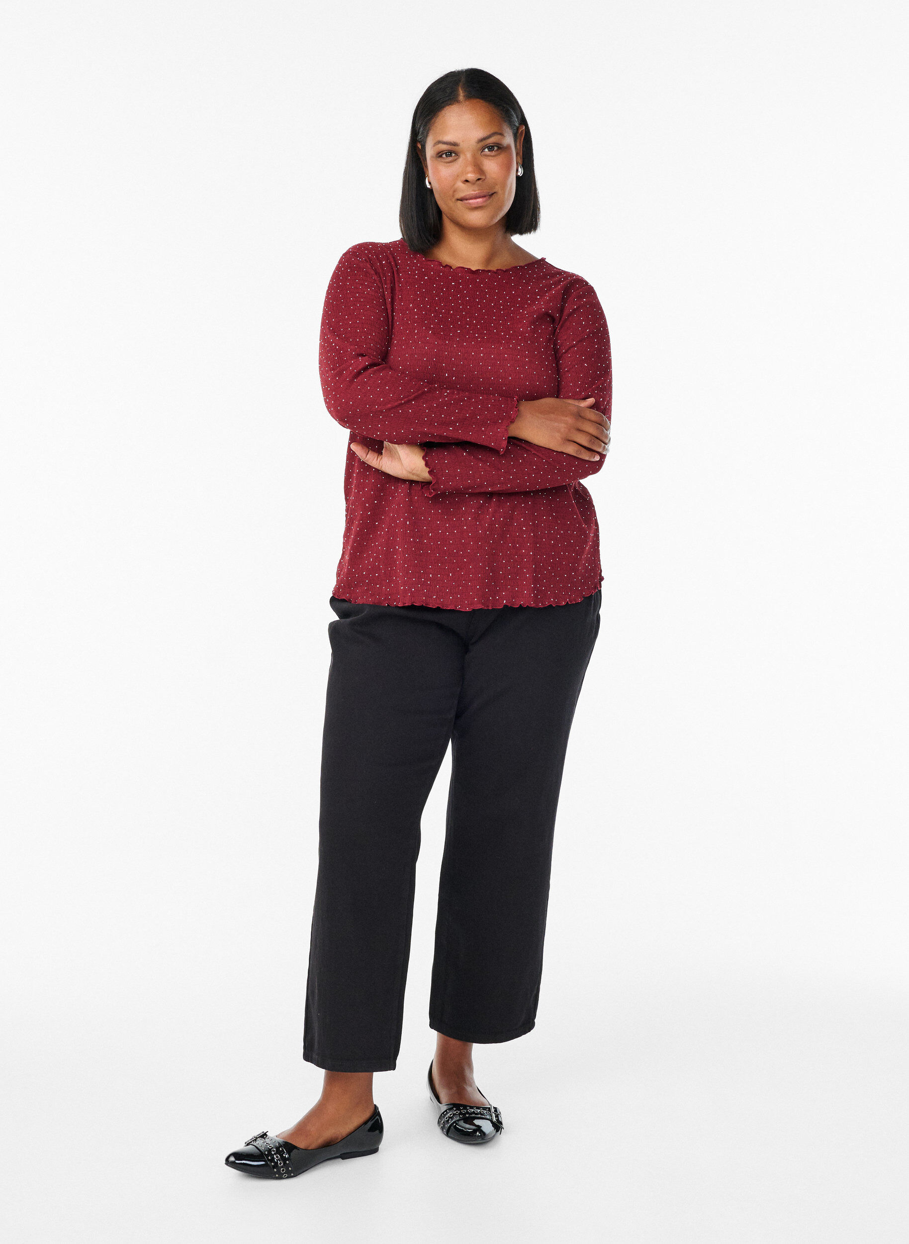 Zizzifashion Long-sleeved blouse with rhinestones, Dark Bordeaux, Model image number 1