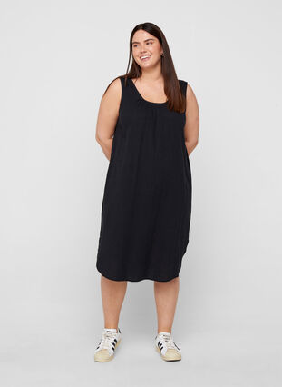 Sleeveless cotton dress in an A-line cut, Black, Model image number 3
