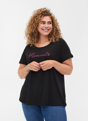 Cotton t-shirt with a-line cut and print, Black, Model image number 0