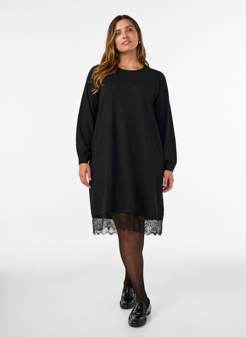 Short knitted dress with lace hem, Black, Model image number 1