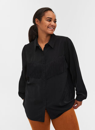 Plain, fringe trim shirt, Black, Model image number 0