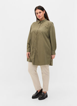 Long cotton shirt with back print, Dusty Olive, Model image number 2
