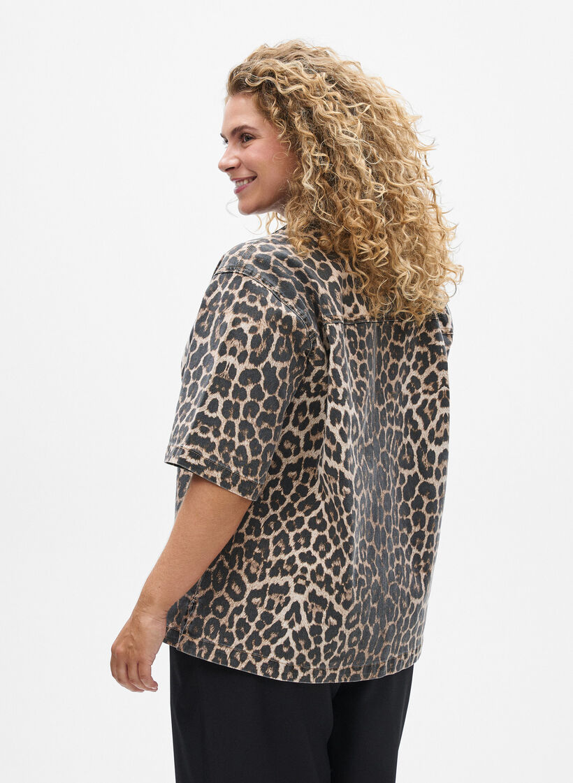Leopard print denim blouse with collar and half sleeves, Brown, Model image number 2