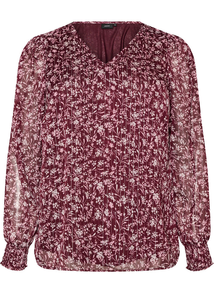 Blouse with floral print and glitter thread, Red, Packshot image number 0