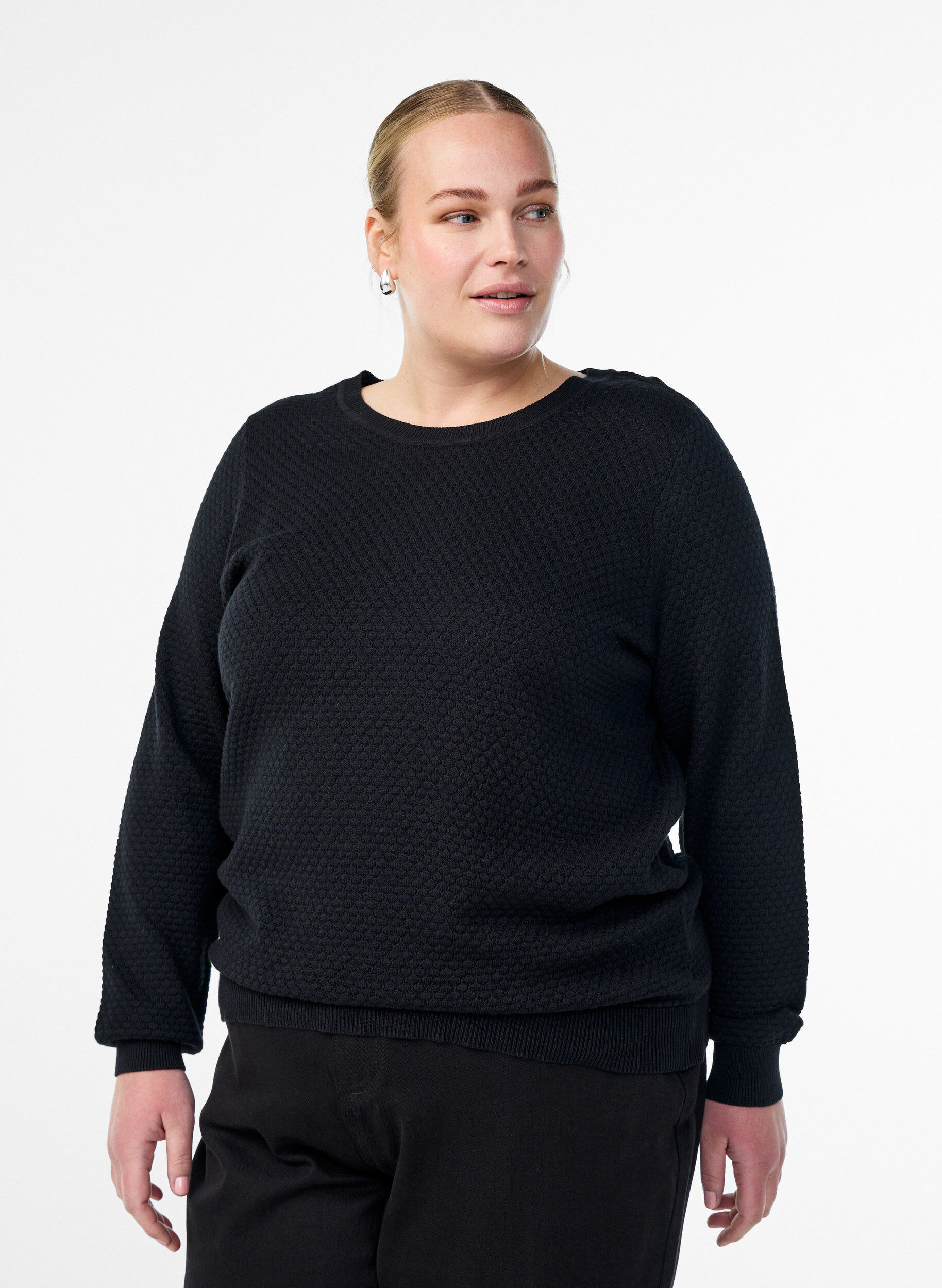 Knit blouse in cotton with textured pattern, Black, Model