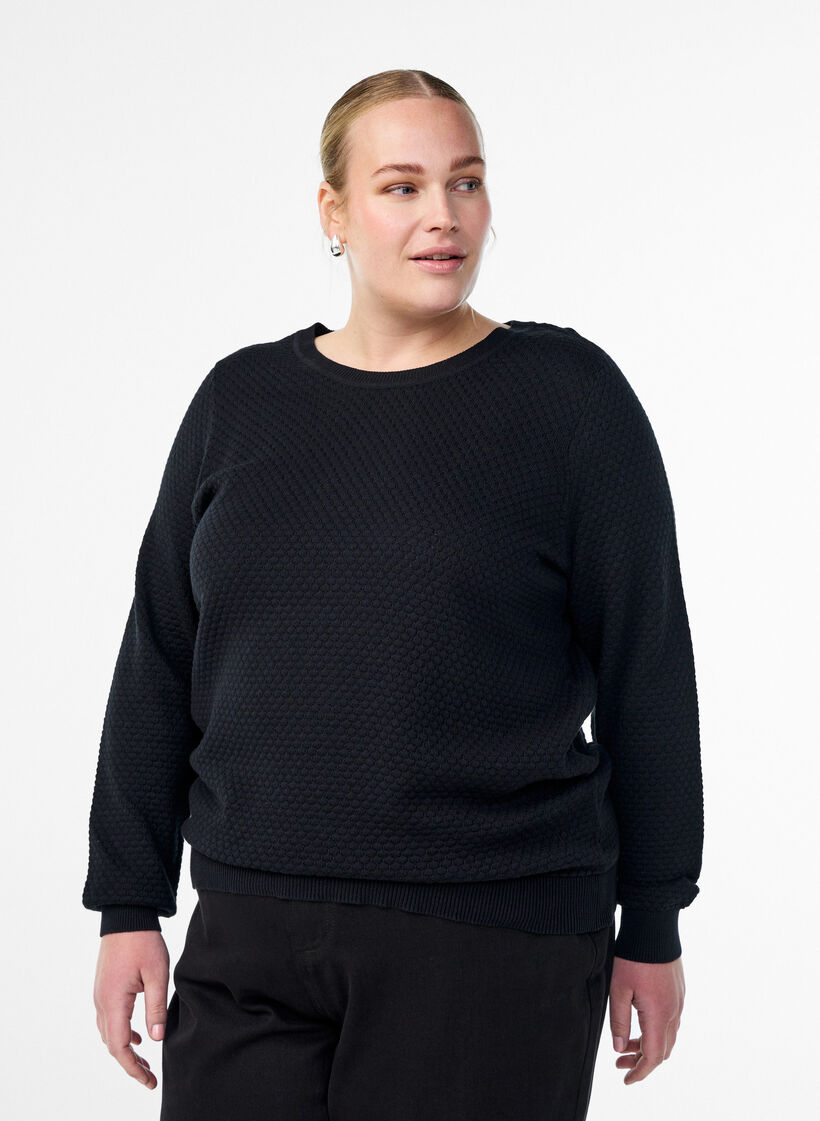 Knit blouse in cotton with textured pattern, Black, Model image number 0